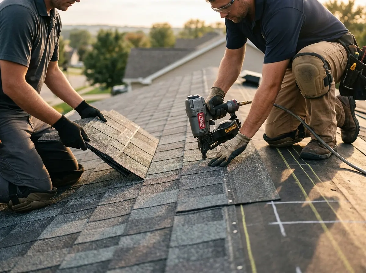 Professional roofer working on a residential roof in Halfway